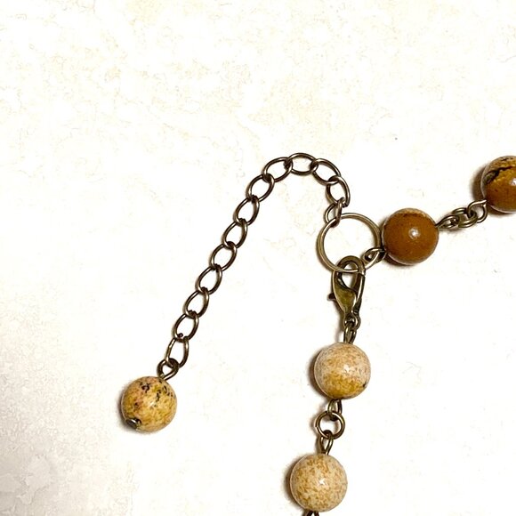 Genuine Yellow Picture Jasper Short Necklace, Bronze Round Mushroom + Gemstone - Picture 11 of 15
